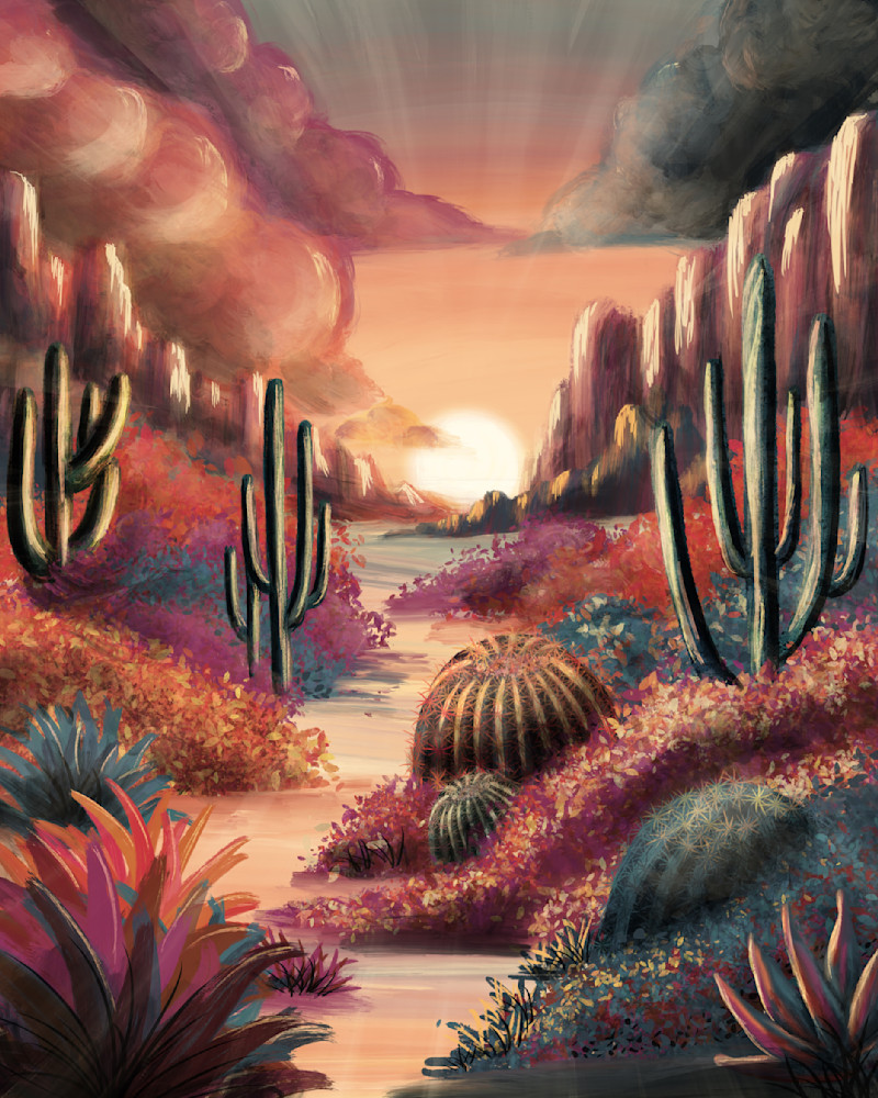 Whispers of the Desert: Vibrant Sunset Landscape Art