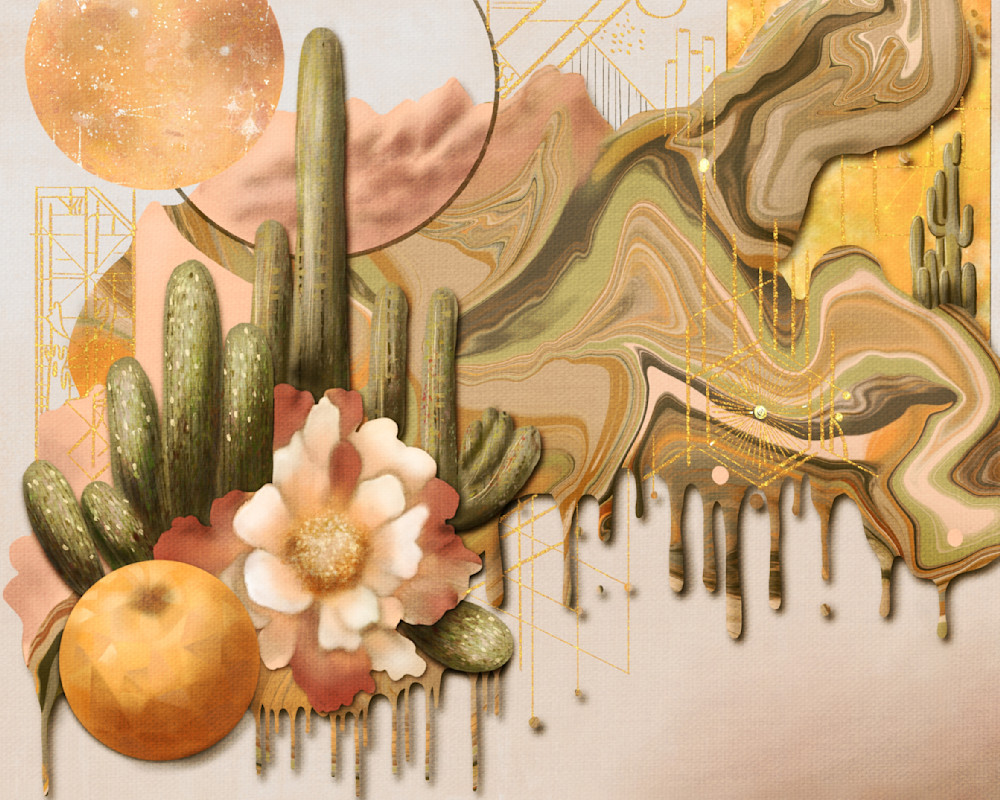 Vibrant Vortex: Abstract Desert Art with Cacti and Floral Elements