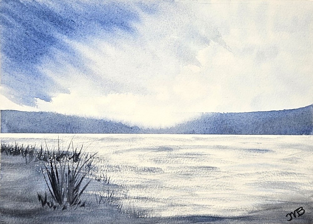 Tranquil Blue Horizon - Serene Watercolor Landscape