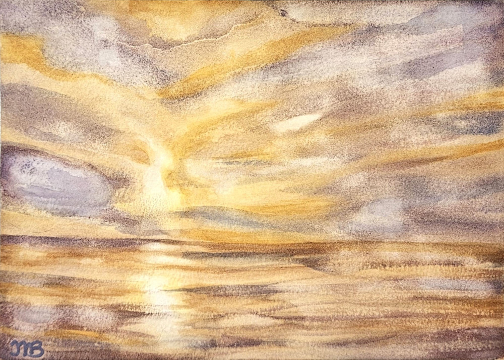 Golden Sunset Reflection - Serene Watercolor Landscape