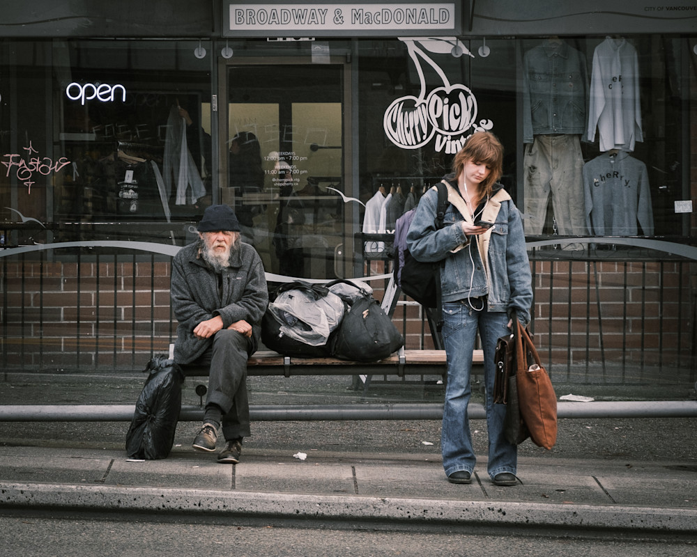 Shelters II - Elegant Stillness and Digital Disconnection at a Vancouver Bus Stop – Street Photography by Luis R.R. Siqueira