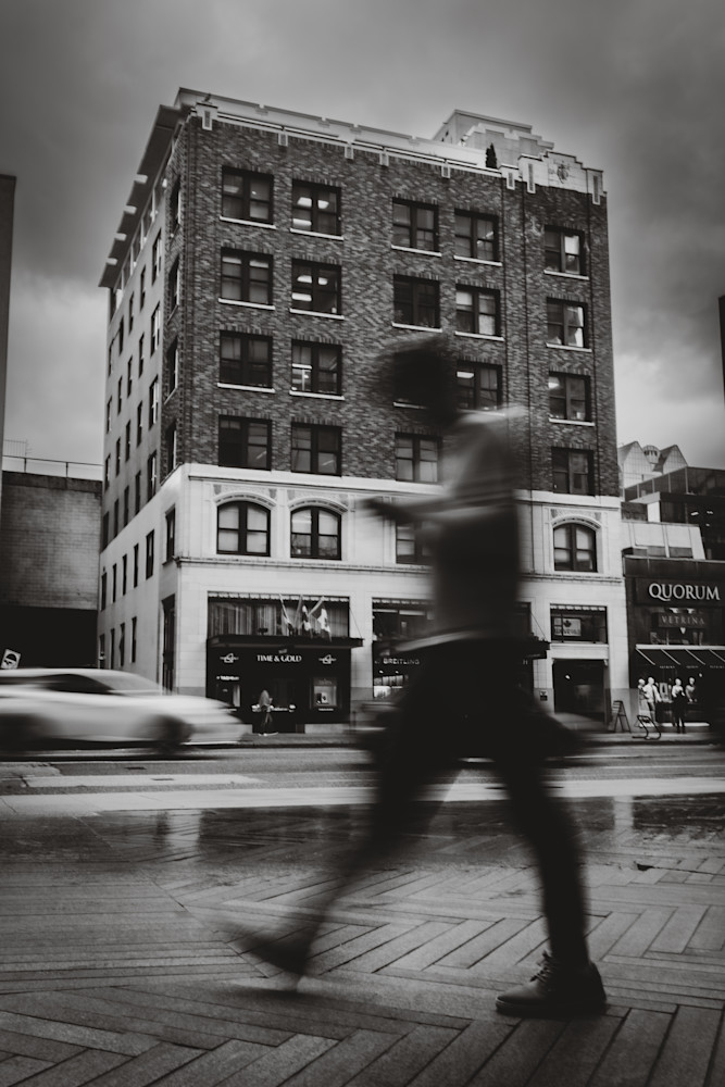 Urban Movement Meets Stillness – A Street Photography Reflection in Front of "Time & Gold", Vancouver