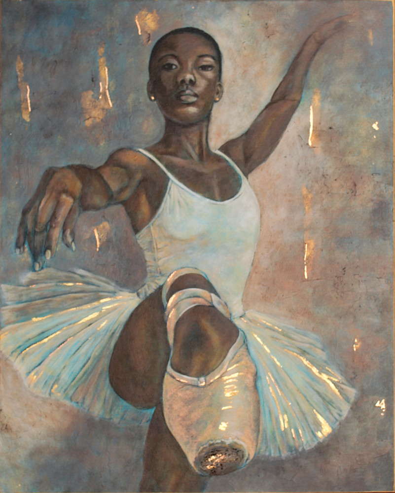 Still En Pointe | Black Ballerina Fine Art Painting by Cindy Wright-Smith | Acrylic & Charcoal Portrait