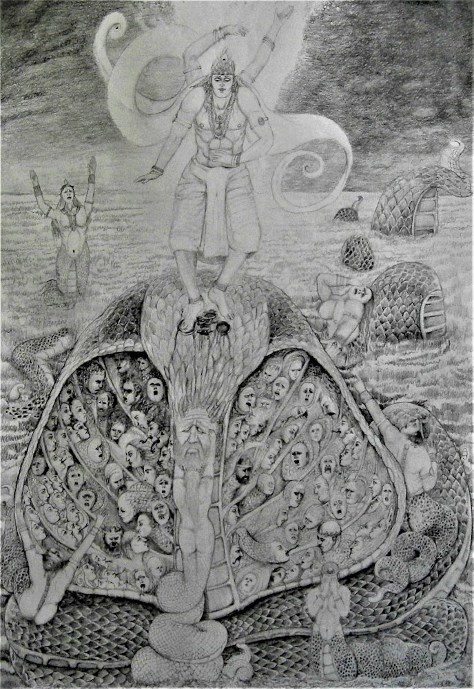 The Demon Serpent Kaliya Surrenders To Lord Krishna Art | Fine Art by Balkishan Jhumat