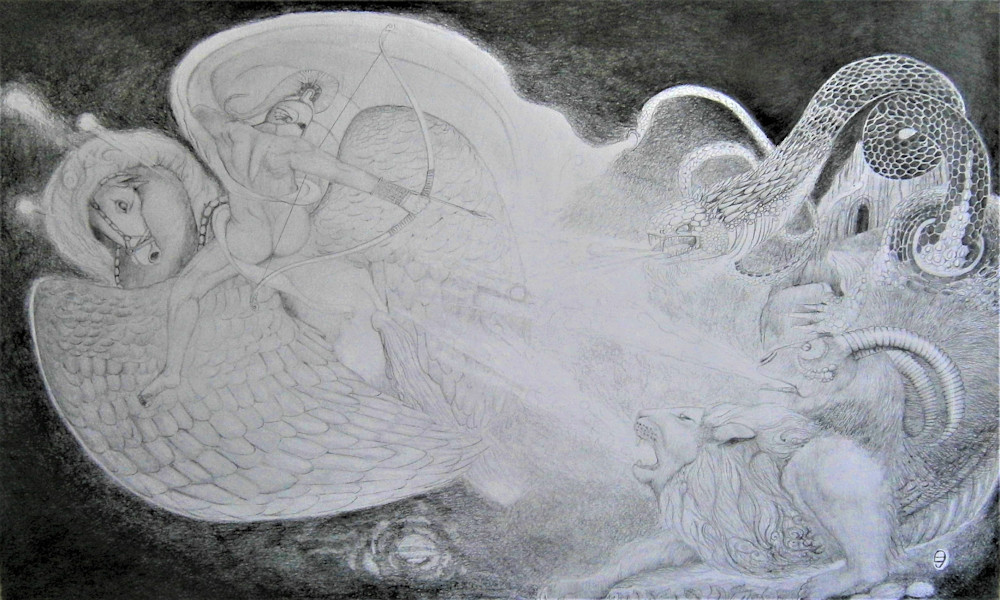 Bellerophon Versus Chimaera Art | Fine Art by Balkishan Jhumat