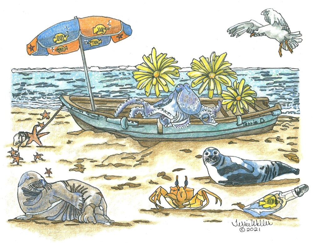 Wtols Octopus In Row Boat Art | Fine Art by Terrie D