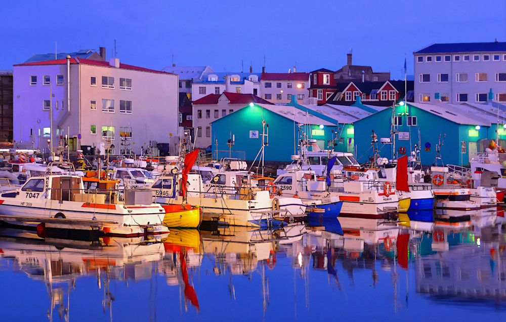 Reykjavik harbor at dusk in watercolor
