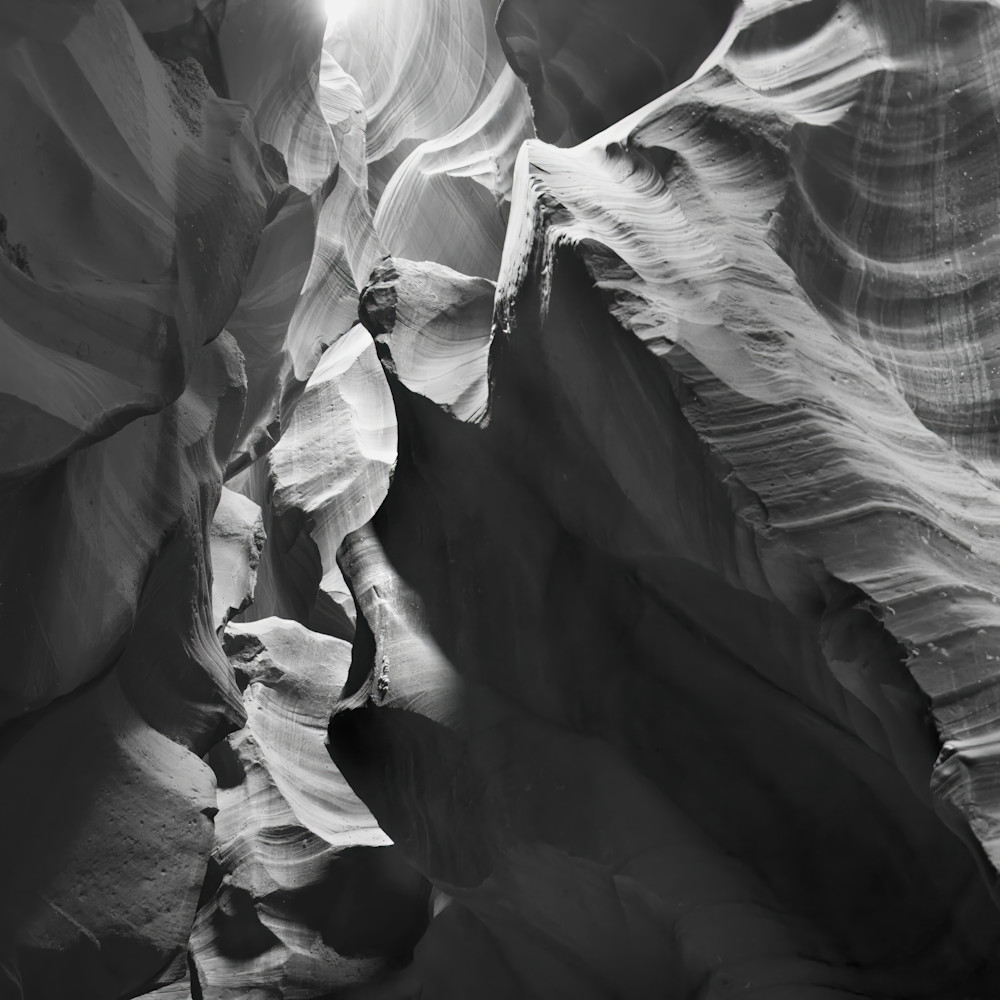 Antelope Canyon Monochrome Photography — Light Beam and Stone Textures