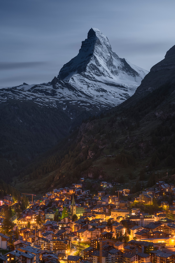 Matterhorn Moonlit-Zermatt Village Lights, Swiss Alps