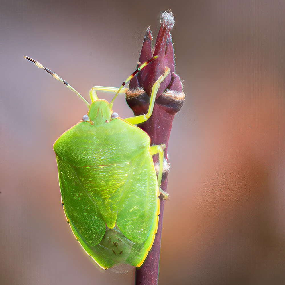 Close-up view of a stink bug perched on a plant stem in natural light