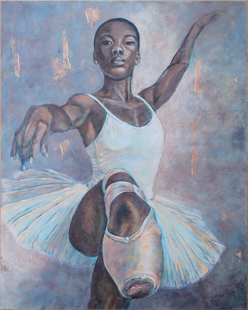 Still En Pointe | Black Ballerina Fine Art Painting by Cindy Wright-Smith | Acrylic & Charcoal Portrait