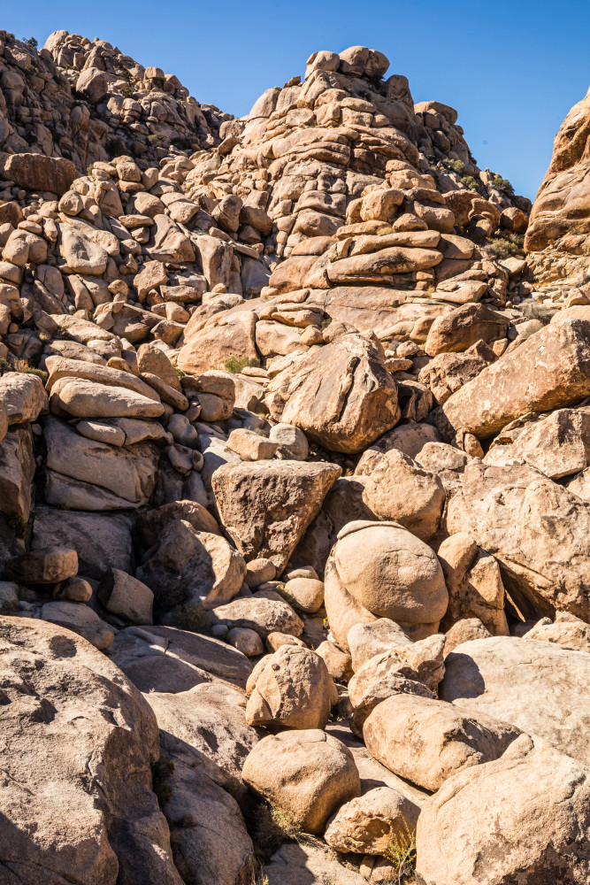 Large boulders and rock formations in a canyon near Indian Cove and Rattlesnake Day use area, Joshua Tree National Park.