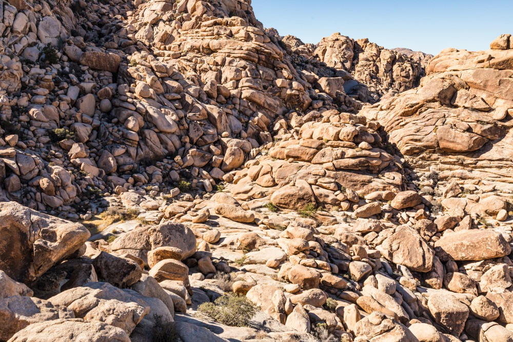 Large boulders and rock formations in a canyon near Indian Cove and Rattlesnake Day use area, Joshua Tree National Park.