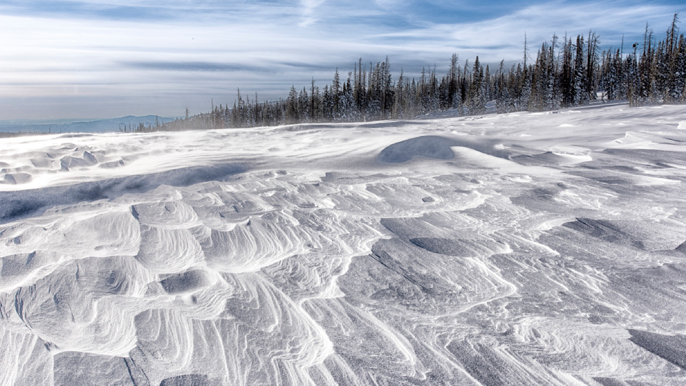 Snow blown across a mountain landscape with trees and textured patterns in the foreground