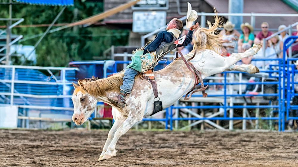 Cowboy riding a bucking horse at a rodeo event demonstrating skill and control in a competitive atmosphere
