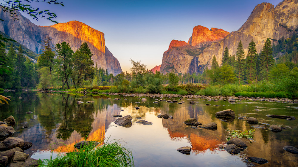 El Capitan and Cathgedral Rocks in Yosemite Reflecting in the merced River at Sunset
