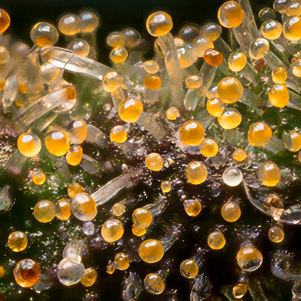 Up close artistry of cannabis trichomes, a dazzling golden vista revealing nature's botanical treasures