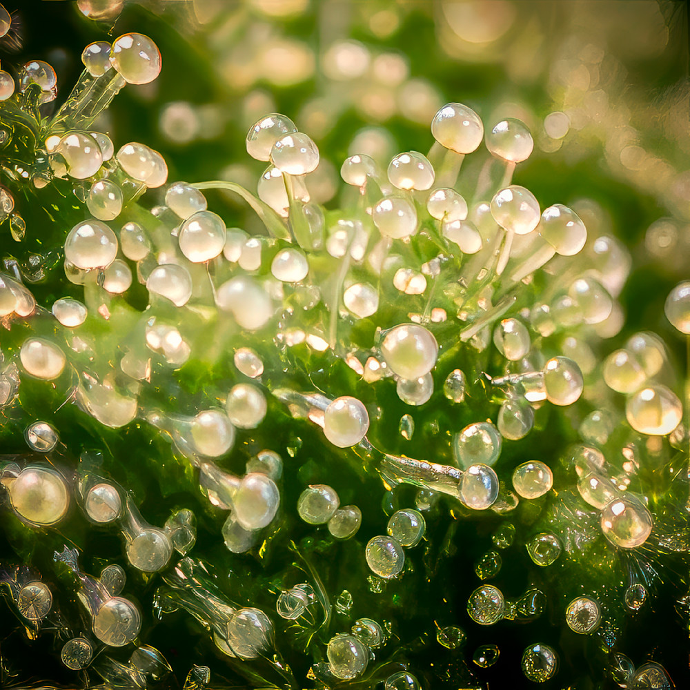 Up close artistry of cannabis trichomes, a dazzling golden vista revealing nature's botanical treasures