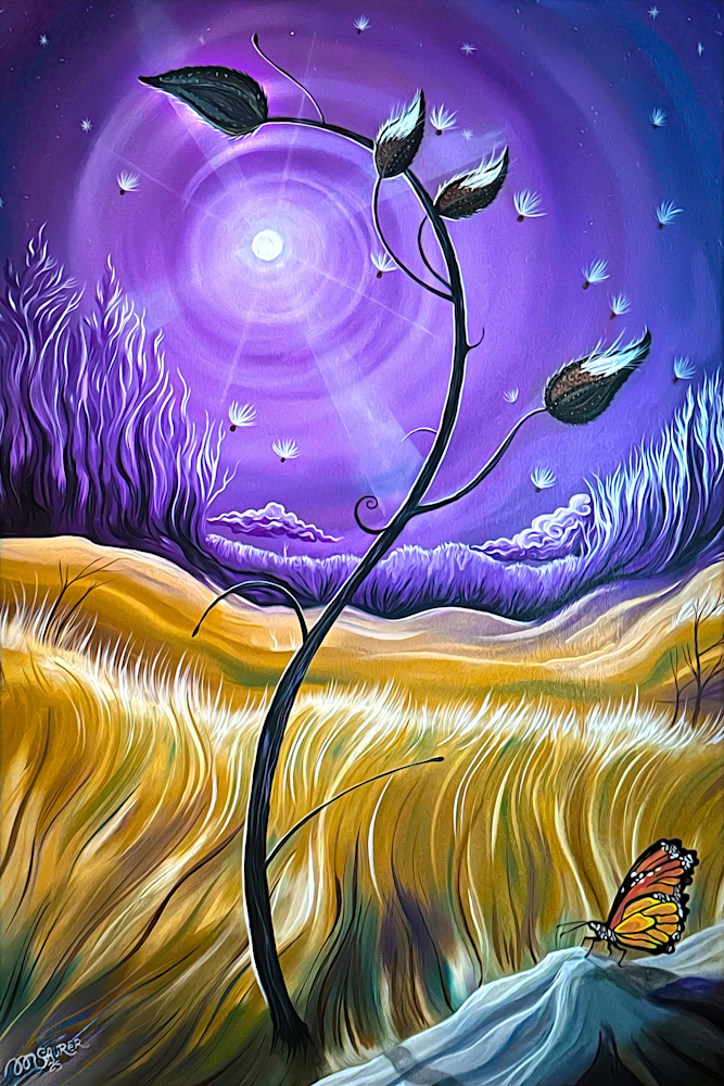 Backlit milkweed plant at dawn 24x36 framed oil painting