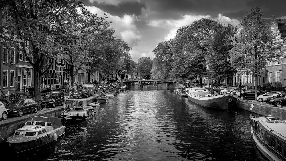 Canal Scene in Historic Amsterdam in Black and White