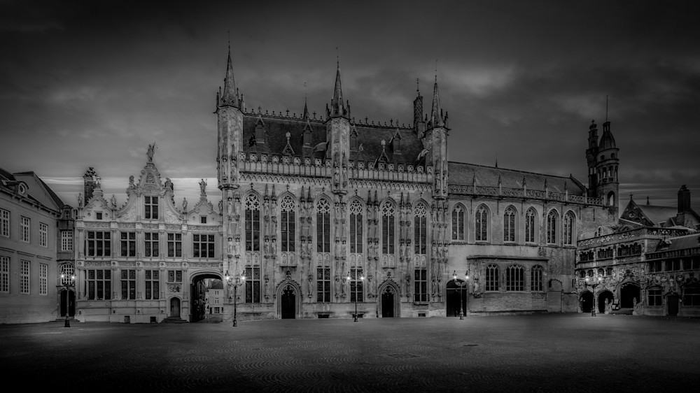 Majestic City Hall on Historic Burg Square in Bruges, Belgium in BW