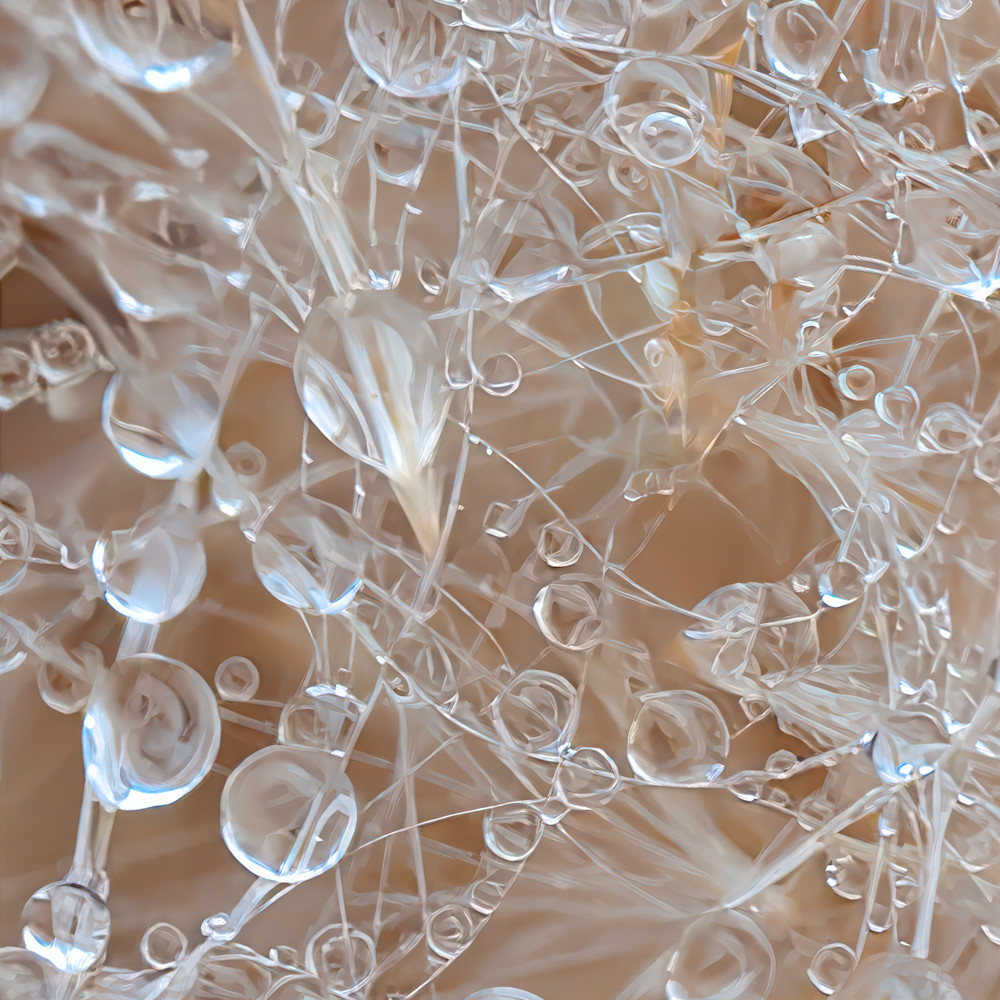 Water droplets on delicate fibers create a clear network in a natural setting during daylight hours