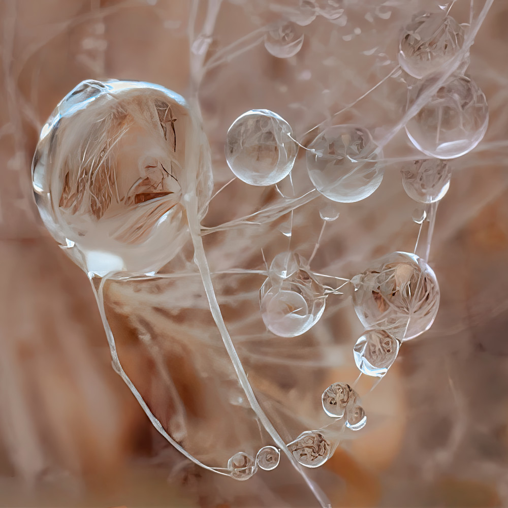 Close view of water droplets on a web with reflections of nature during early morning light in a forest setting