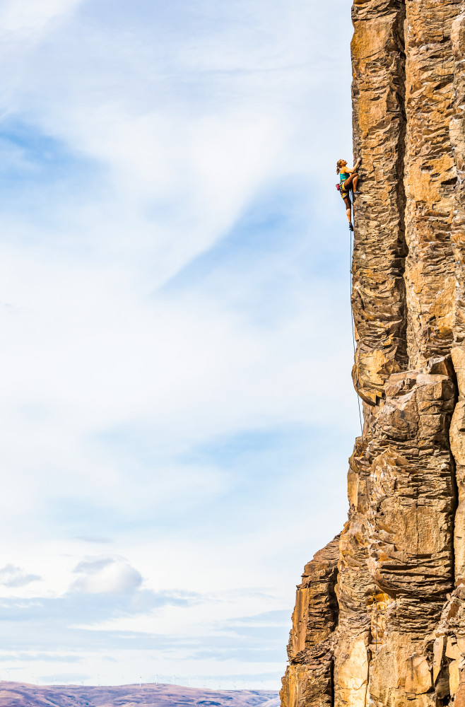 art photography prints for sale buy art online woman climbing basalt rock cliff Washington State vantage frenchmans coulee