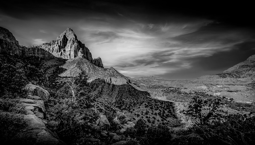 Sunrise over The Watchman in Zion national Park, Utah in BW