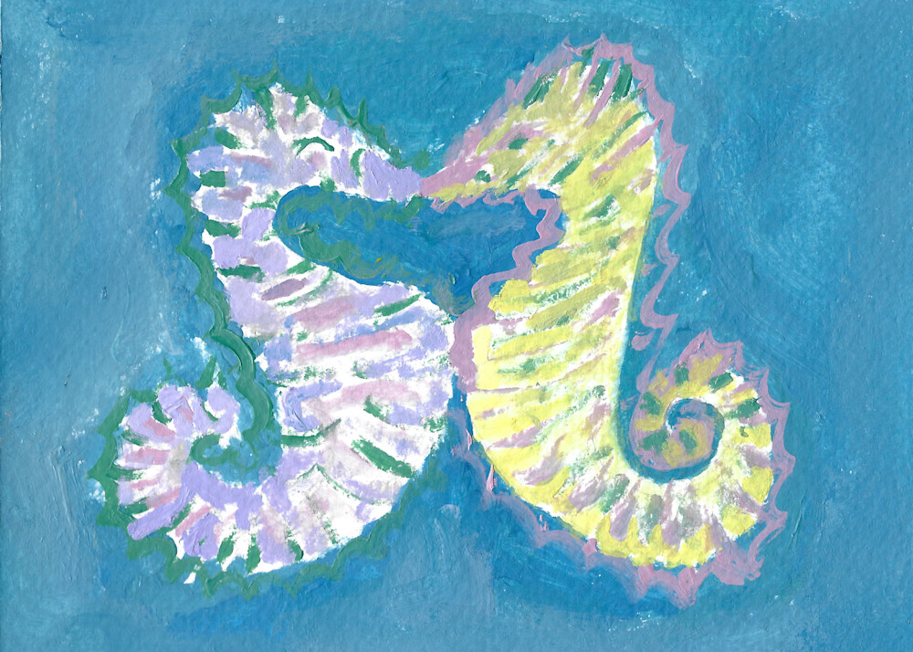 Abstract seahorses art print — two stylized seahorses facing each other in soft coastal tones, symbolizing lifelong partnership.