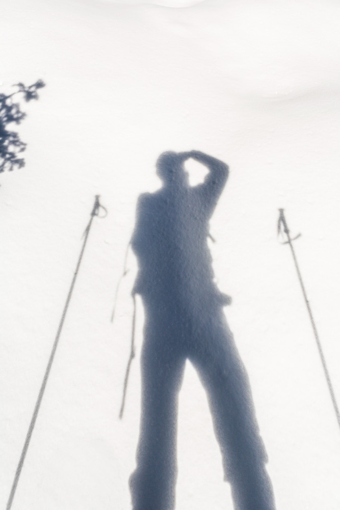 A self portrait of a photographers shadow on snow with poles.