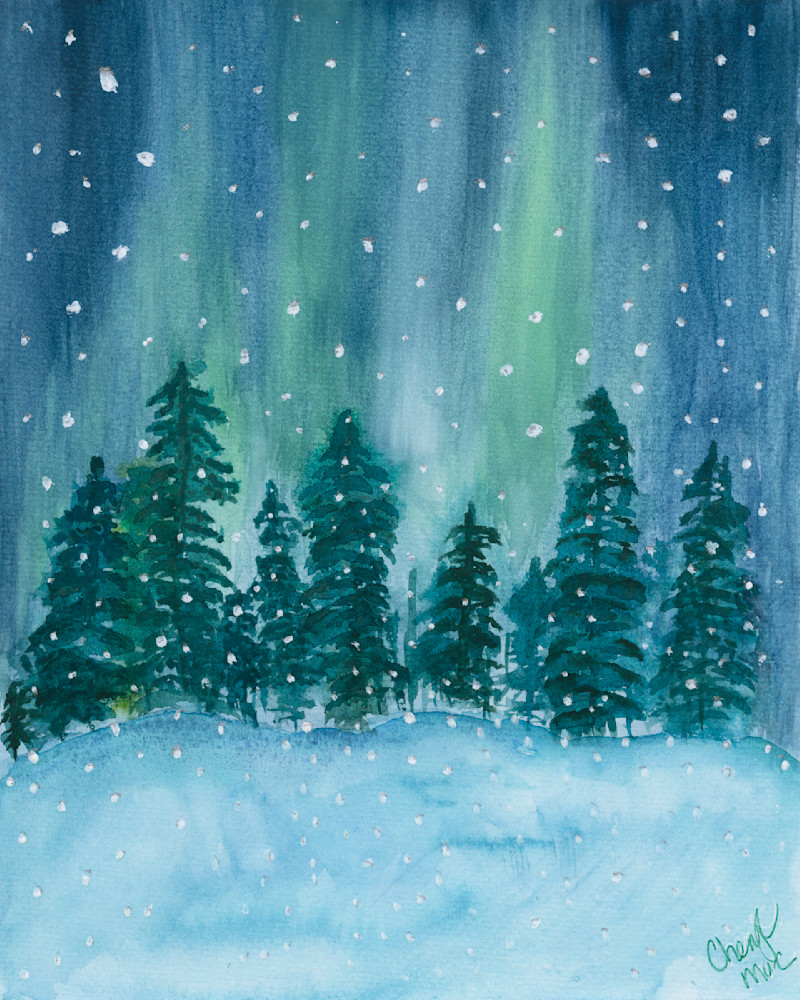 A Symphony of Blues and Greens Watercolour: Winter's Tranquil Forest