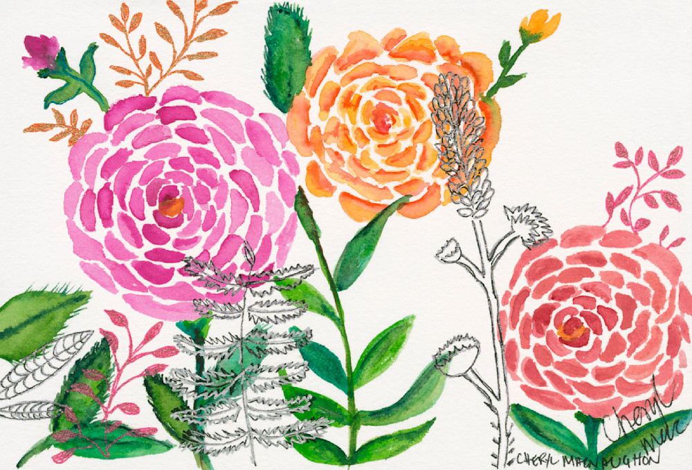 Watercolour & Pen Botanical Of Pinks and Oranges 