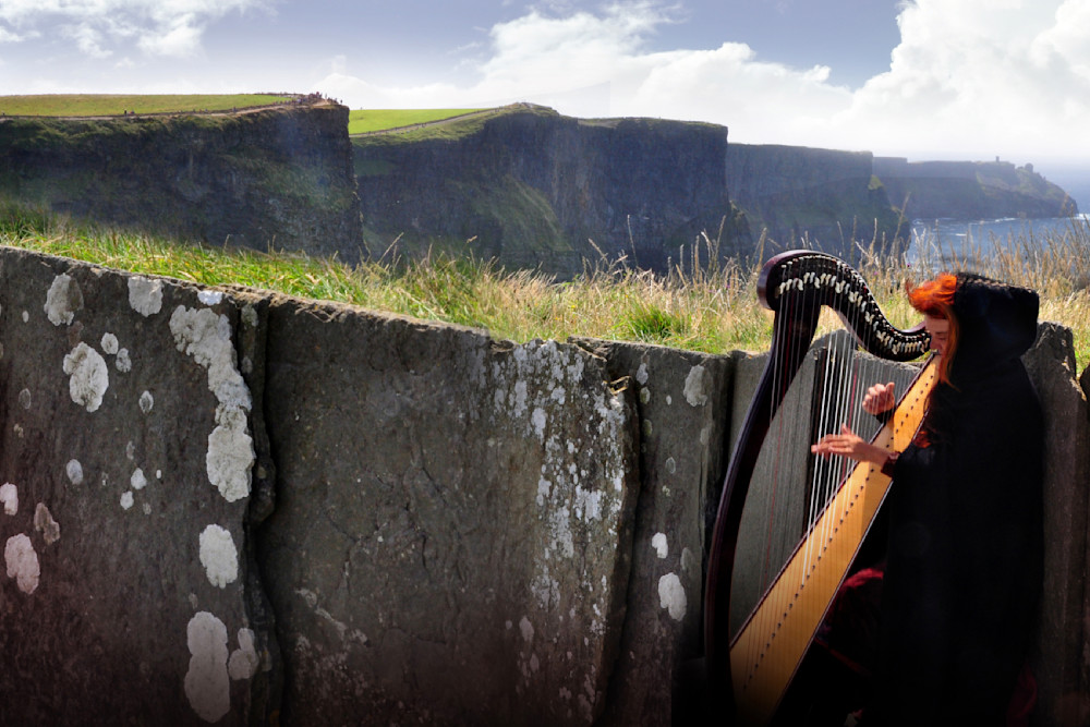 Celtic Harpist on the Cliffs of Moher - Dramatic Irish Coastal Landscape Fine Art Photography