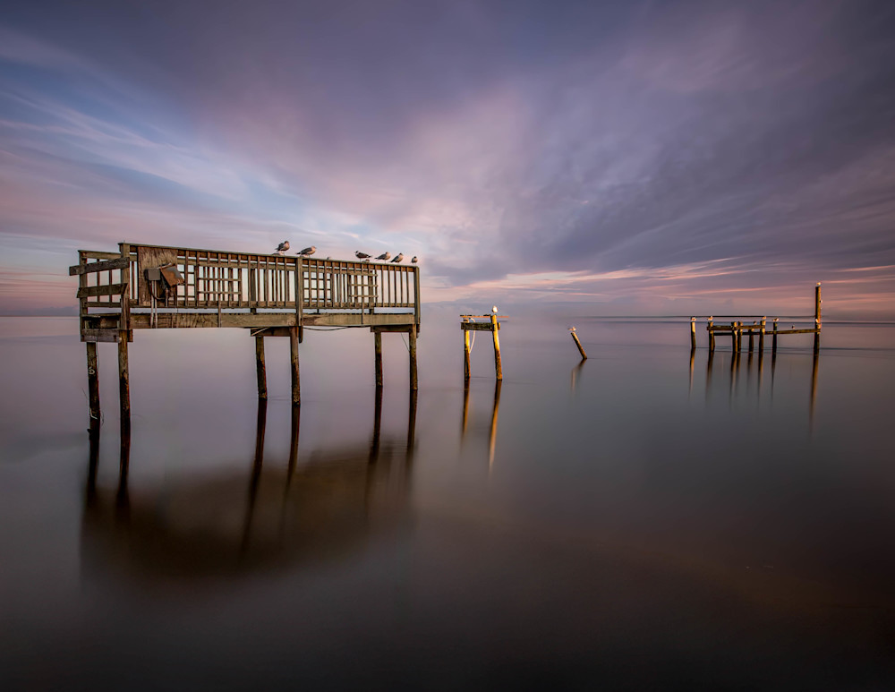 Resilience at Dawn: A Seagull Sanctuary – Cape Fear River Long Exposure Photography Print