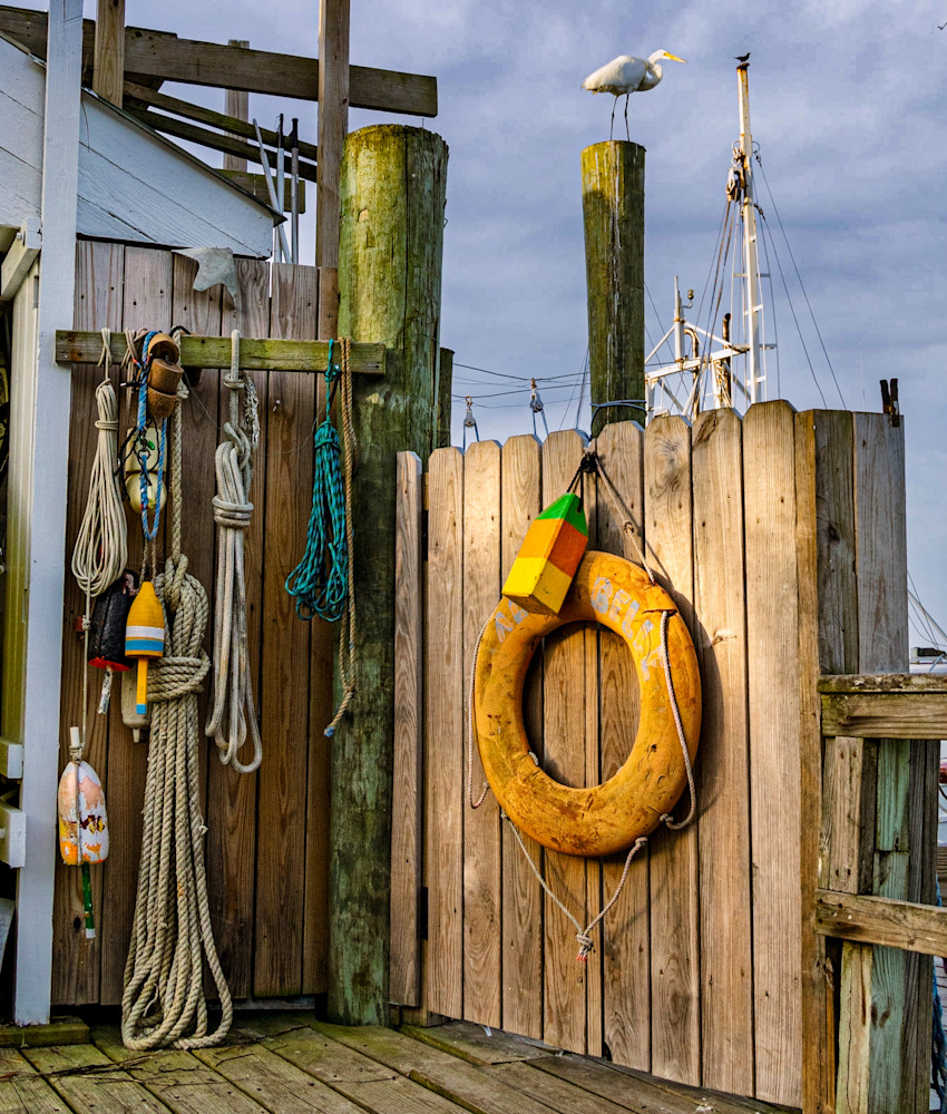 Dockside Sentinel – Shrimp Boat Scene with Heron in Southport, NC