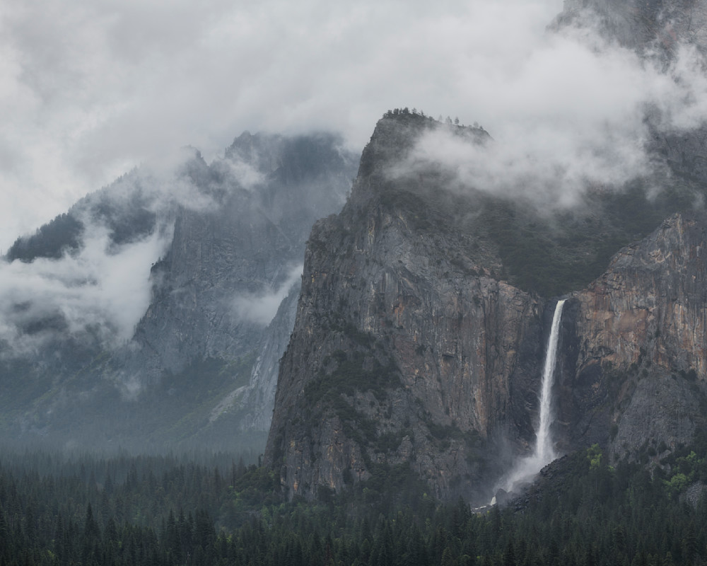 Clouded Bridalveil Fall and Cathedral Rocks - Yosemite National Park