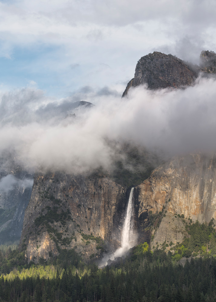 Sunlit Bridalveil Fall with Clearing Mist - Yosemite National Park