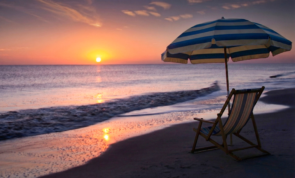 Oak Island Sunset Fine Art Print | Coastal Beach Chair Photography | 910Photography