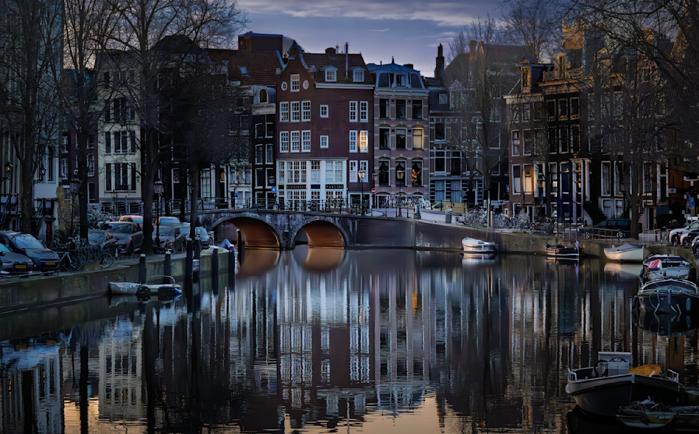 Amsterdam Blue Hour Canal Reflections – Fine Art Photography by 910Photography