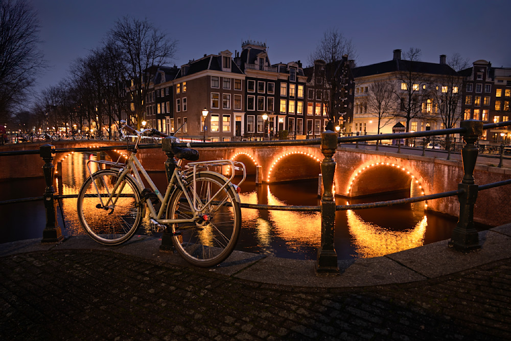 Amsterdam Blue Hour Bicycle & Canal Reflections – Fine Art Photography by 910Photography