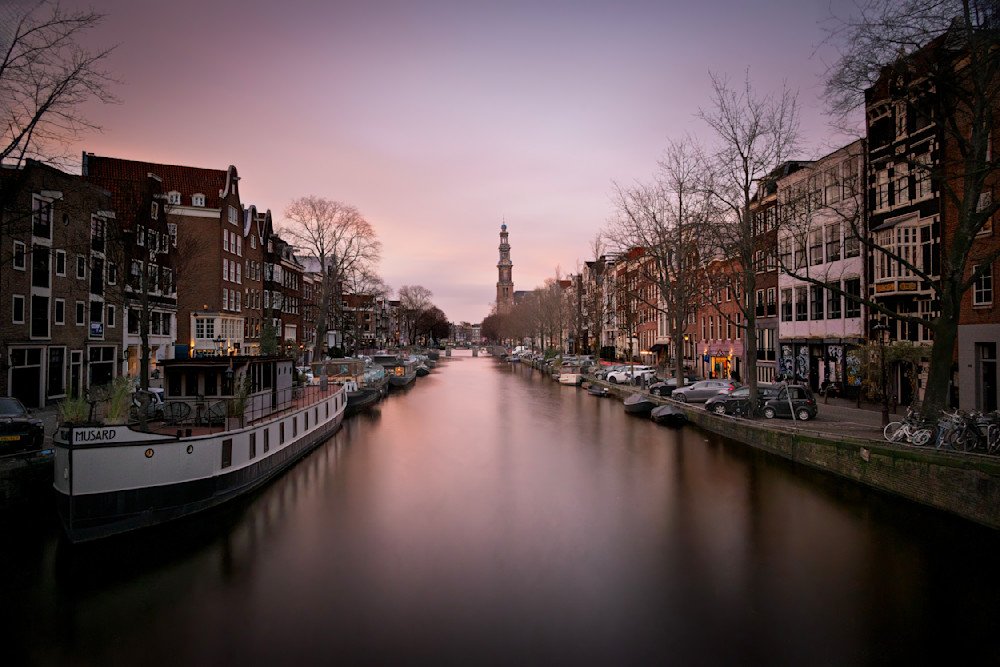 Amsterdam Canal at Magenta Sunset – Long Exposure Evening Reflections