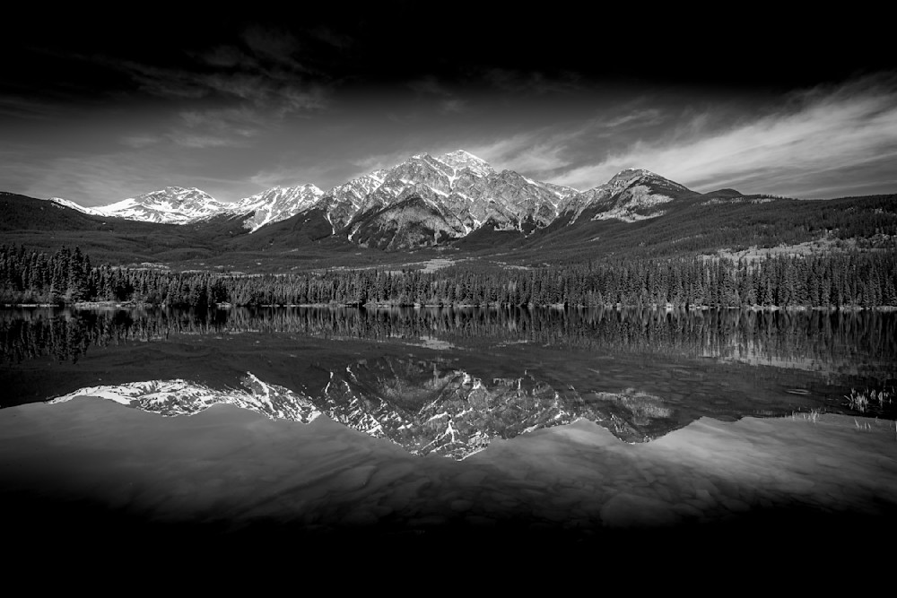 Pyramid Mountain reflection in Pyramid Lake in Jasper National Park in BW