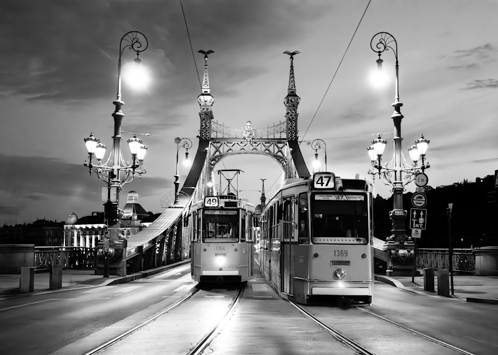 “Budapest Liberty Bridge Trams Photo Print – Urban Night Tram Photography | 910Photography”