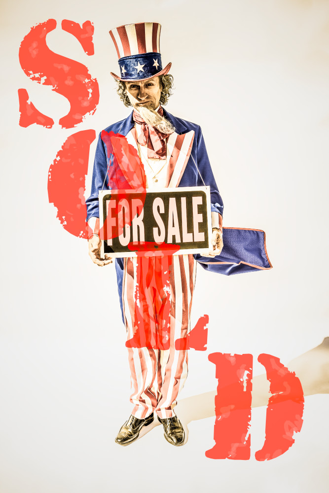 An unle Sam character with a blank sign as if he is panhandling. Add your own message.