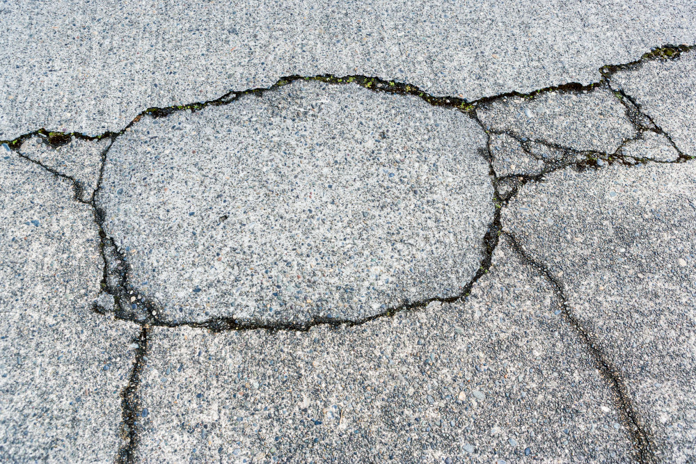 Cracks in the surface of a concrete street.