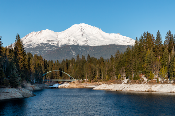 Wagon Creek Bridge and Mt Shasta in Winter