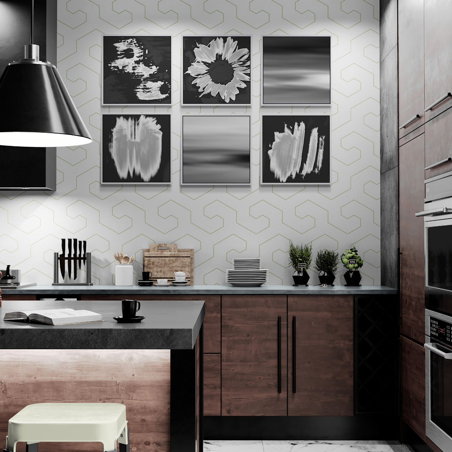 modern kitchen with spotlit wall