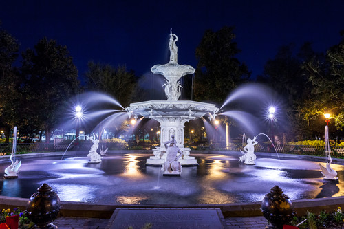 Forsyth Fountain At Night Black & White Wall 2024 Art. Savannah Black And White Pictures | Savannah Office Art