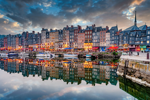 Honfleur and resturants by docks and sunset normandy france wnyyrn